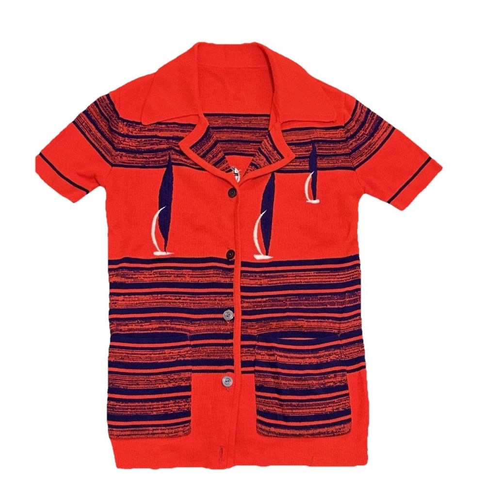 Vintage 60's 70s Nautical Preppy Navy Blue Red Coastal Sailor Sweater Cardigan
